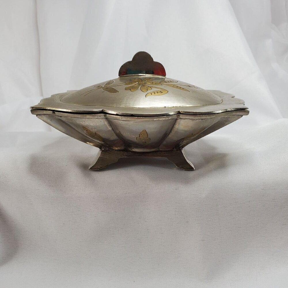 Vintage Silver Tone Brass Inlay Jewelry Trinket Box Floral Design Made in India - Picture 6 of 16